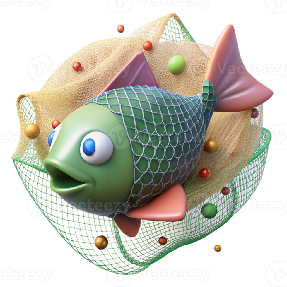 elegant classic Fish Trapped in Plastic Net Cutout Isolated on Transparent Background Close Up detailed png