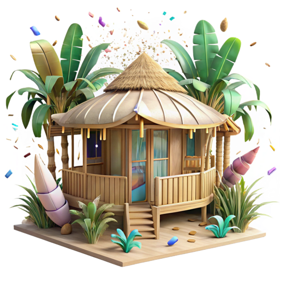vibrant classic Bamboo House with Tropical Garden Transparent Background premium png