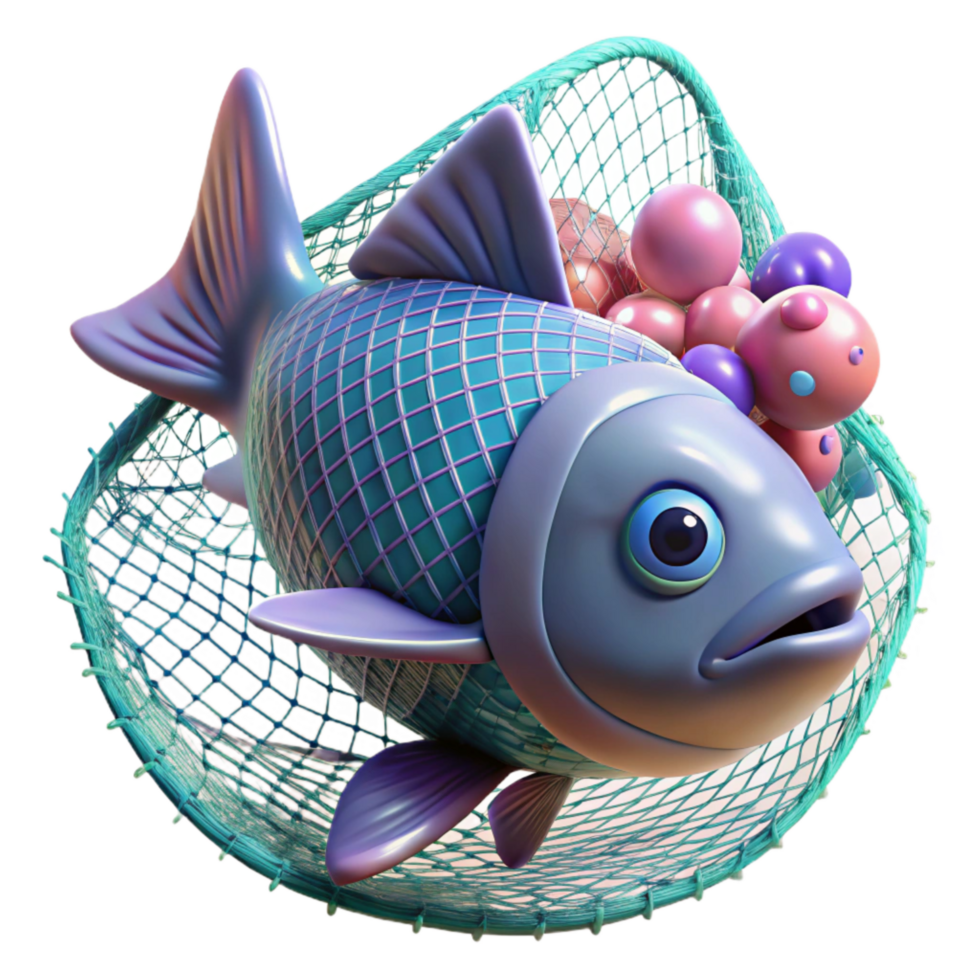 elegant classic Fish Trapped in Plastic Net Cutout Isolated on Transparent Background Close Up png