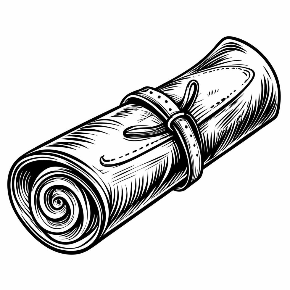 Vintage Scroll Sketch Detailed Black and White Rolled Paper Illustration vector