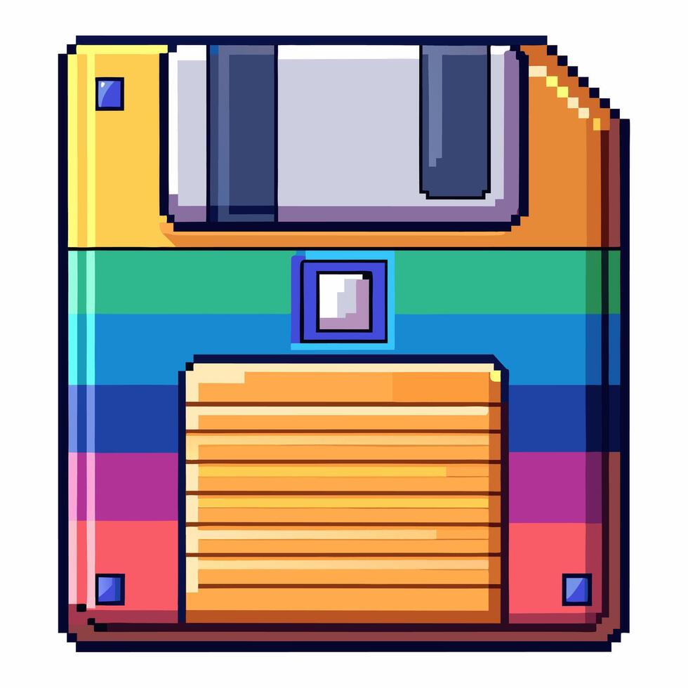 Retro Pixel Floppy Disk with Rainbow Stripes Nostalgic Tech Art vector