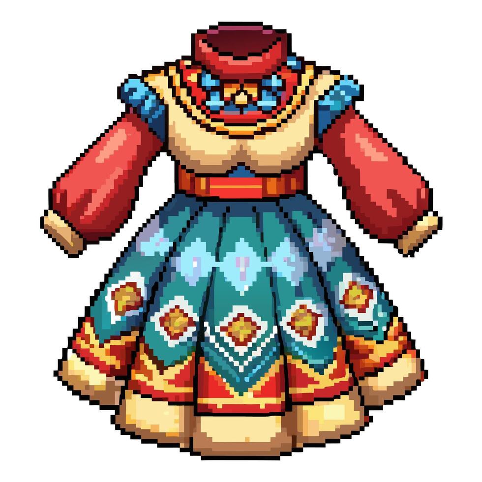 Pixel Art Folk Dress Illustration with Geometric Patterns and Rich Colors vector