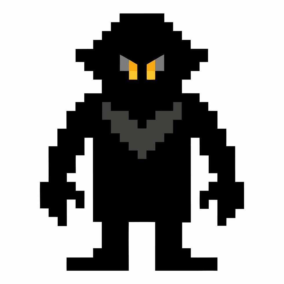 Retro Pixel Art Dark Character with Yellow Eyes and Villainous Appearance vector