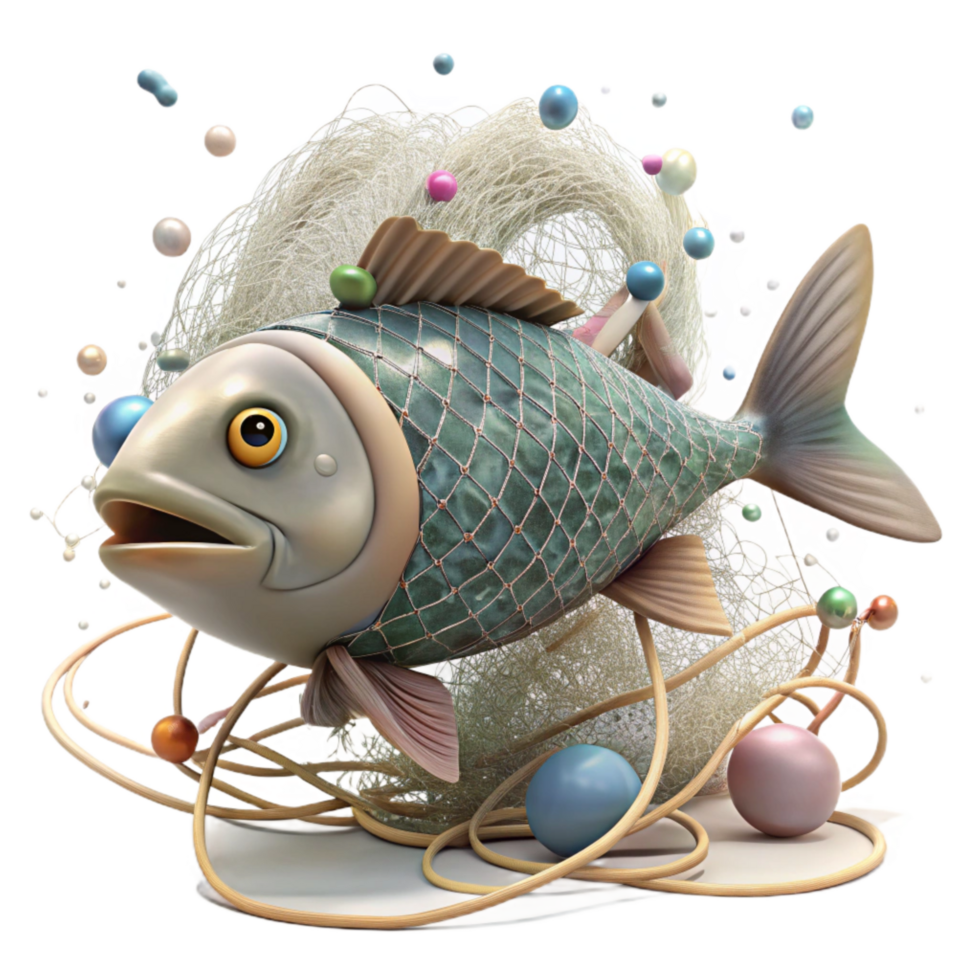 impressive minimalist Fish Caught in Abandoned Fishing Gear Isolated Transparent Background Underwater Scene authentic png