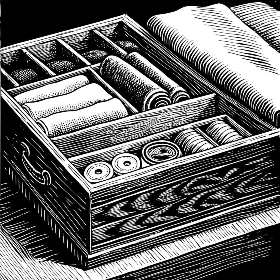Monochrome Illustration of Organized Fabric Drawer with Rolled Clothes vector