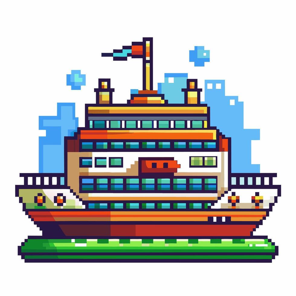 Pixel Art Cruise Ship Docked in Retro Harbor 8 Bit Style Seaside Scenery vector