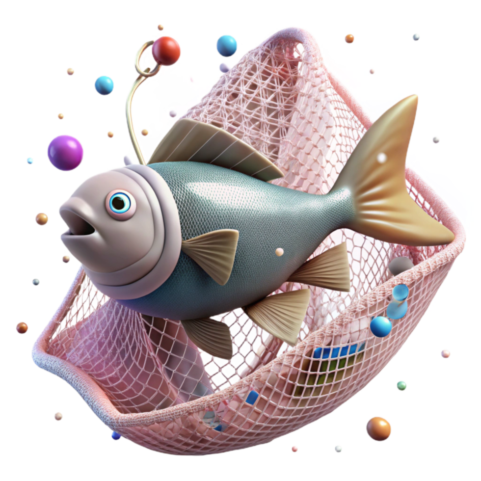 stunning classic Fish Caught in Fishing Net Isolated Transparent Background Underwater Scene detailed png