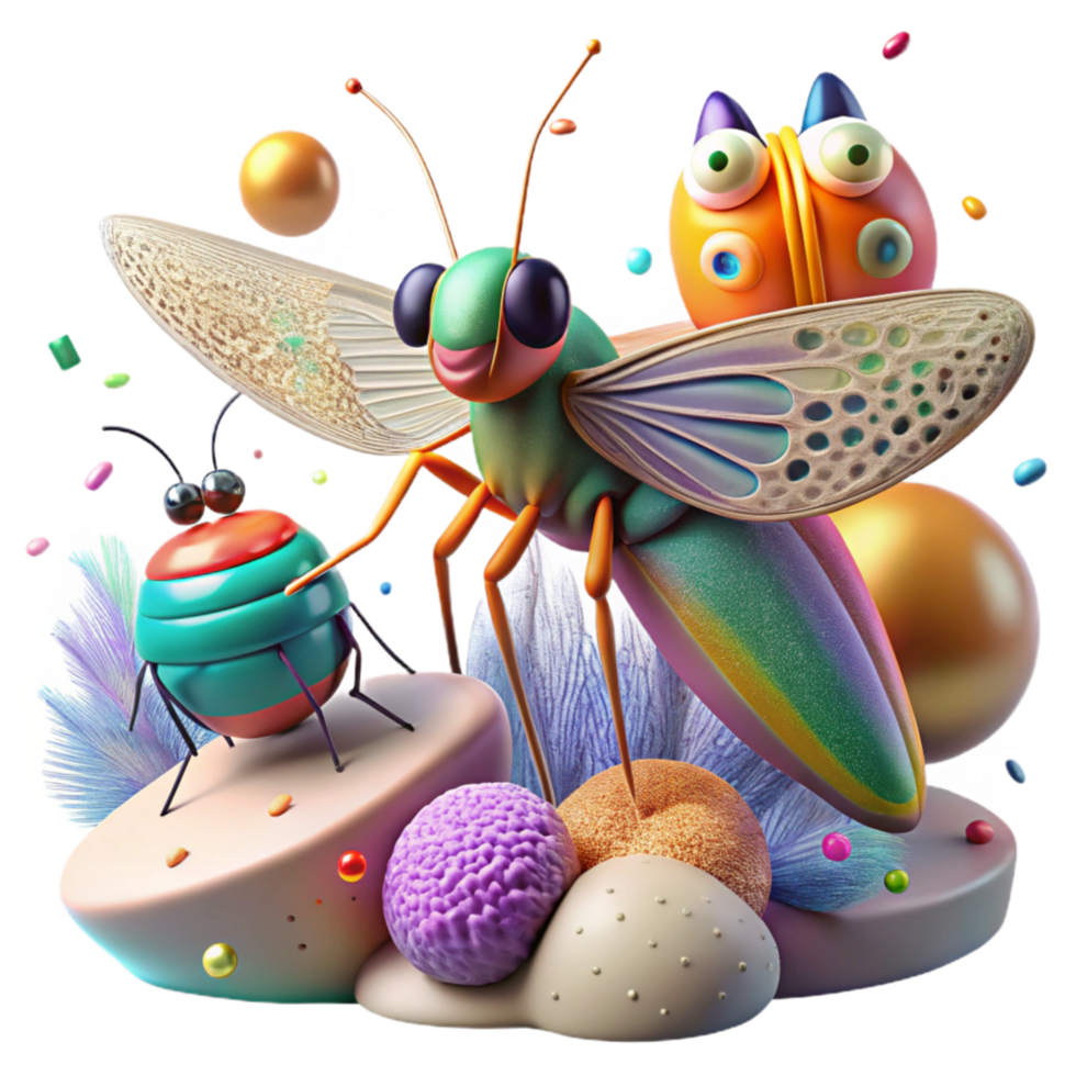 vibrant abstract Brightly Colored Wetland Insects with Bird in Pursuit Transparent Background original png