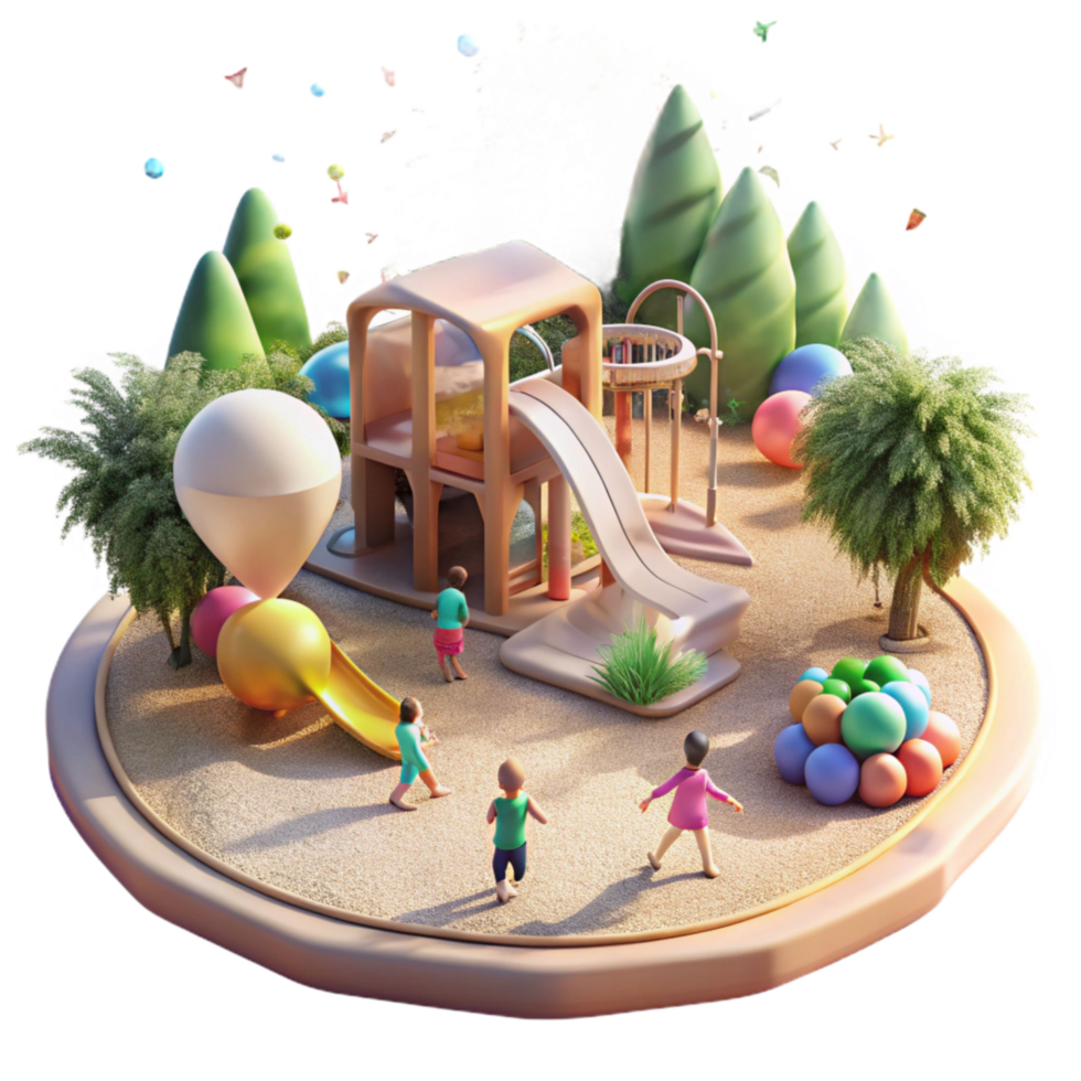 vibrant rustic Children Playing in Rebuilt Park Bright Sunlight Transparent Background high resolution png