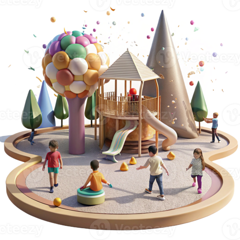 elegant rustic Children Playing in Rebuilt Park Bright Sunlight Transparent Background detailed png