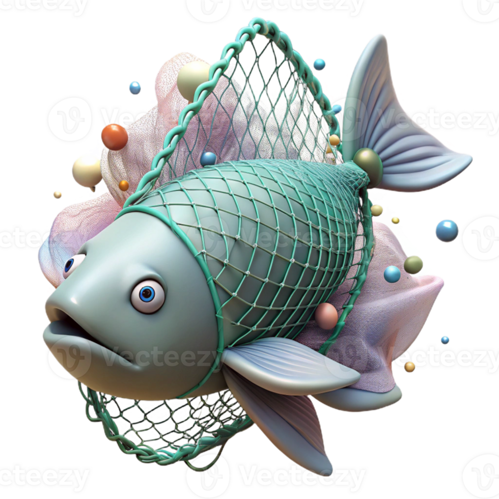 serene classic Fish Caught in Ghost Net Isolated Transparent Background Underwater Scene high quality png
