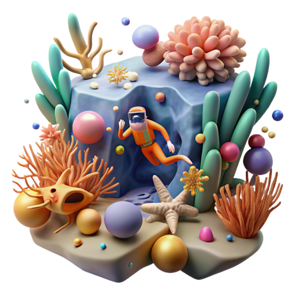 beautiful classic Coral Reef and Diver Isolated Element Underwater Scene original png