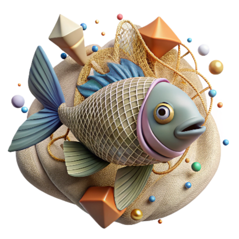 magnificent abstract Fish Caught in Ghost Net Isolated Transparent Background Underwater Scene professional png