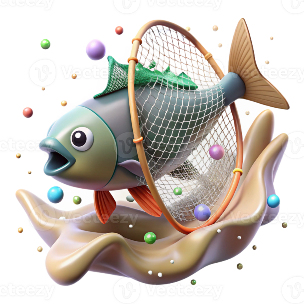 magnificent creative Fish Caught in Fishing Net Isolated Transparent Background Underwater Scene authentic png