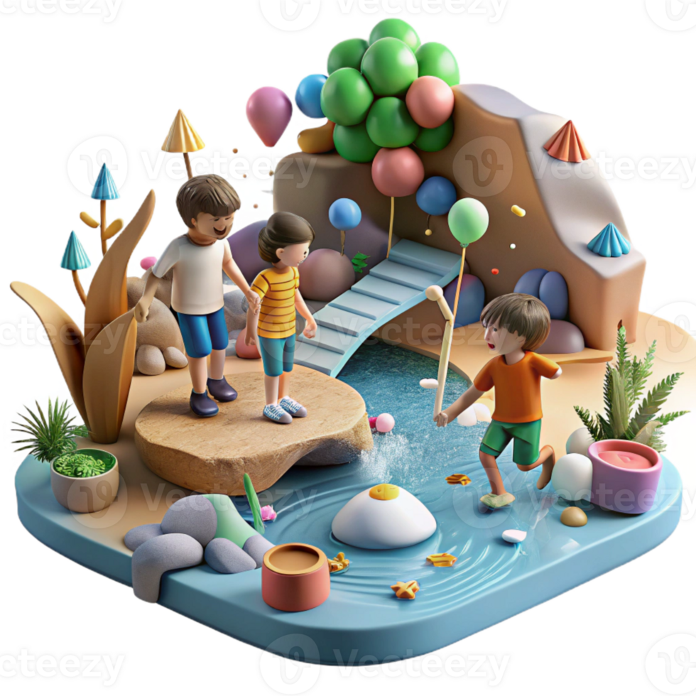vibrant modern Children Playing by River Isolated Element Summer Scene original png