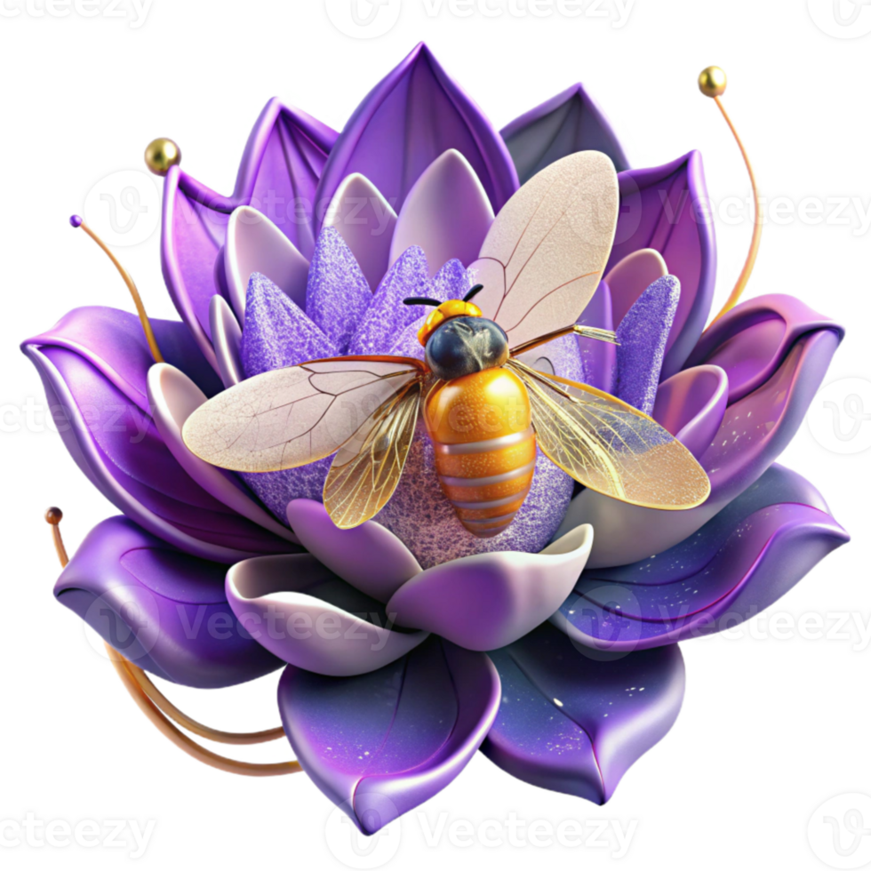 magnificent modern Bee on Purple Flower Front View Transparent Background high quality png