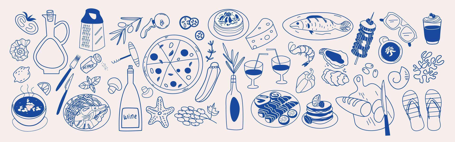 Hand drawn set of various Mediterranean food and drinks. Family dinner, picnic, breakfast with wine, snacks and pasta. Table setting drawings for cafe or restaurant menus design. vector
