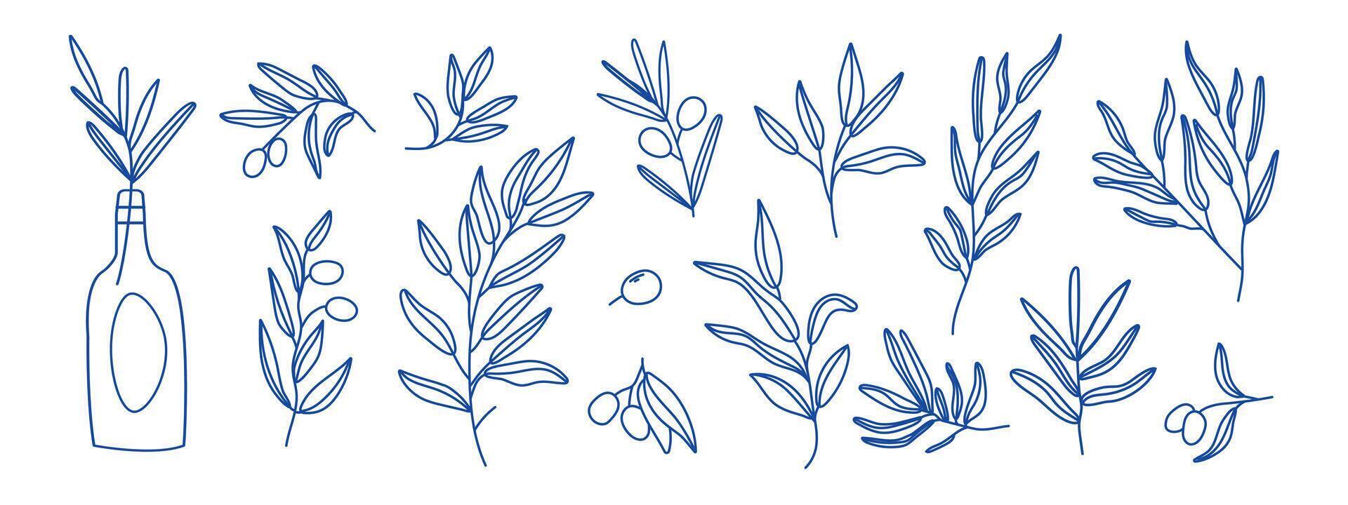 Olive Tree Set. Outline olive leaves and branches in a trendy minimalist style. A symbol of peace and a traditional Greek emblem. Illustration suitable for t-shirt prints, web design, posters. vector