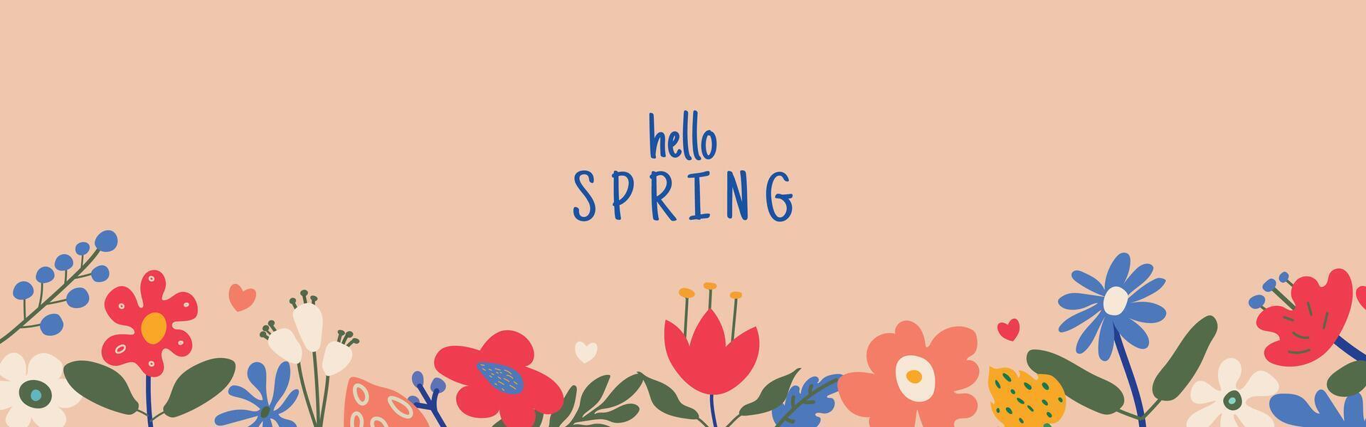 Hello Spring' card or horizontal poster for spring holidays featuring wildflowers.Cute spring flowers frame on soft orange background. Hand-drawn template for birthdays, Easter or Mother's Da vector
