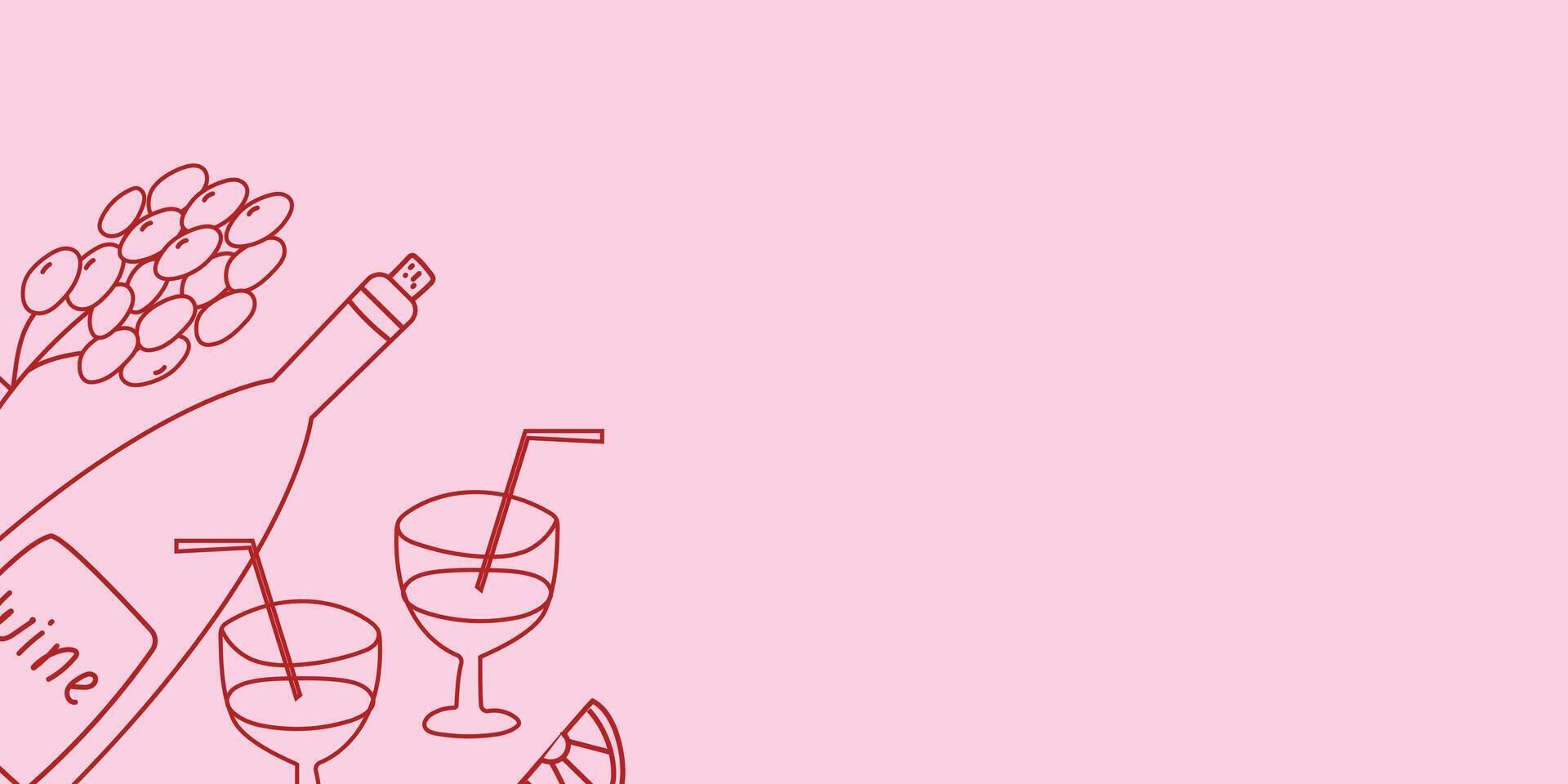 Hand drawn background with wine and glasses on a pink backdrop. Ideal for restaurant and cafe vector