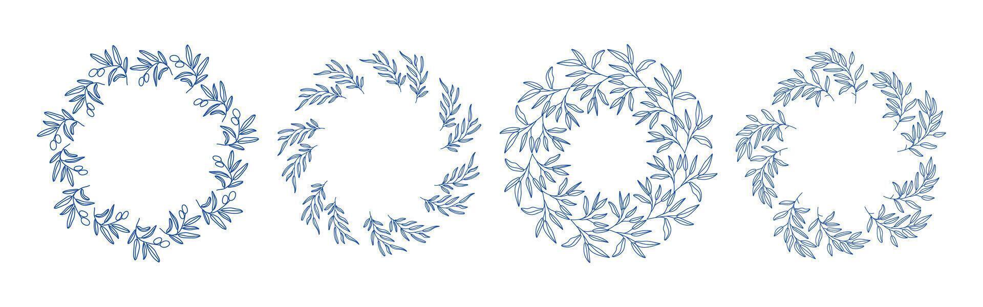 Blue olive branches circle frame set. Circular frames with branches. Hand drawn collection of olive leaves and decorative elements. Perfect for wedding invitations, cards, logo design, and posters vector
