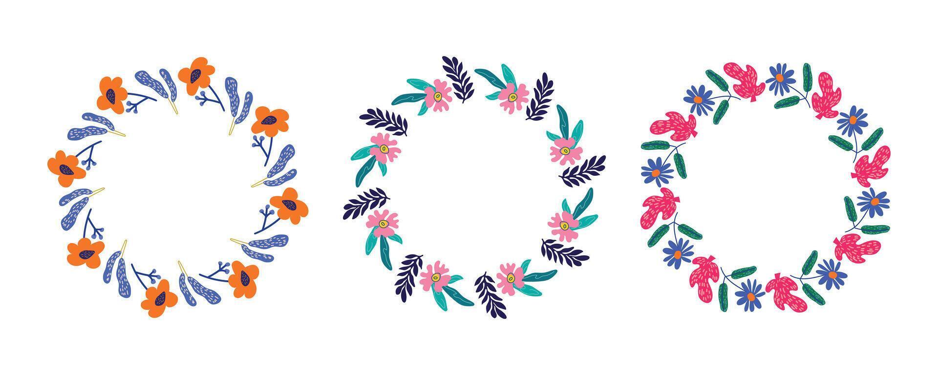 Spring floral circle frame set. Hand drawn botanical wreaths featuring branches, leaves, and flowers. Isolated illustrations perfect for wedding invitations, cards, and logos. vector