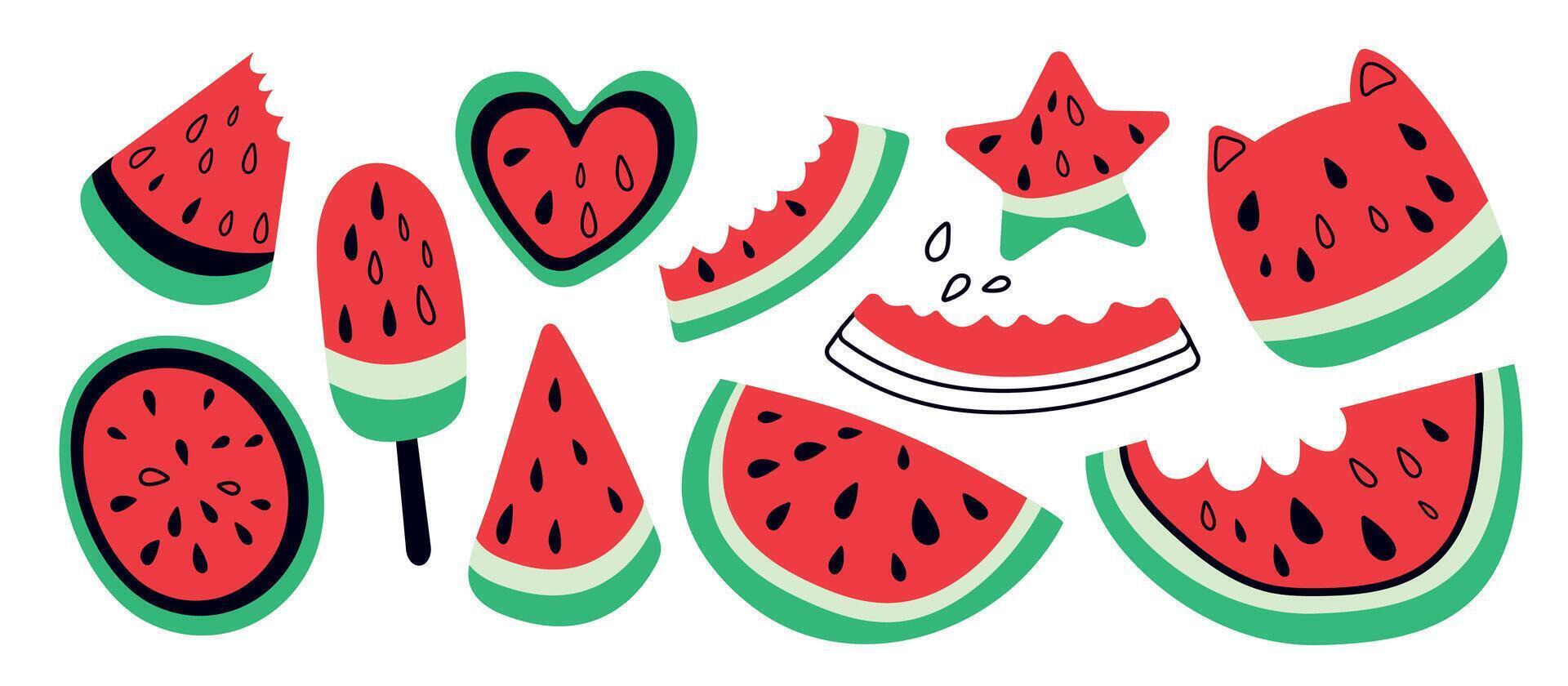 Hand drawn set of watermelons. Illustration featuring various stylized watermelon slices. Collection of different shapes, including semicircles, triangles, and hearts. Fresh summer watermelon vector
