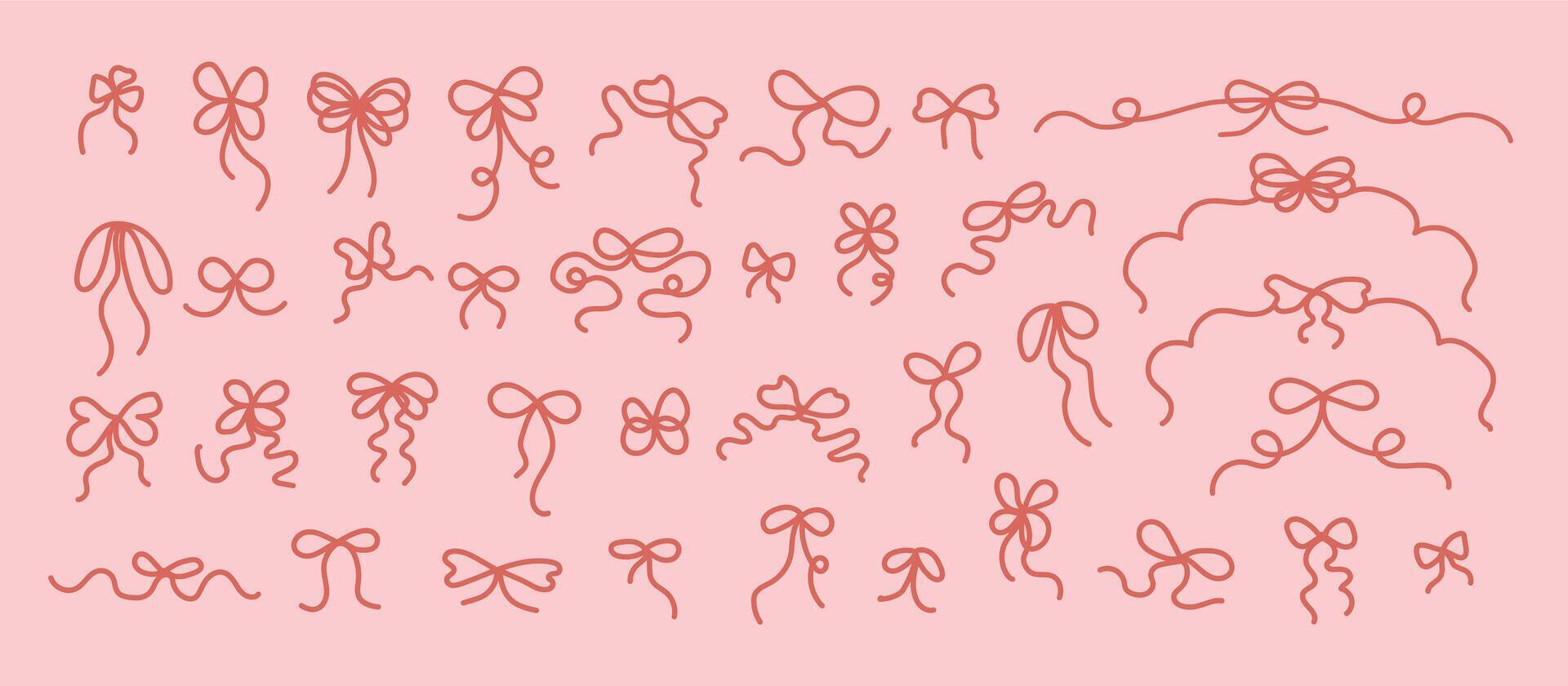 Trendy bow set. Outline in red color, different styles and sizes.Collection of whimsy bows on a pink background, hand drawn ribbons illustrations.Gift elements with bowknots for holiday celebration. vector