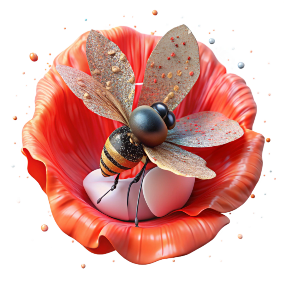 impressive artistic Bee on Red Poppy Flower Front View Transparent Background original png
