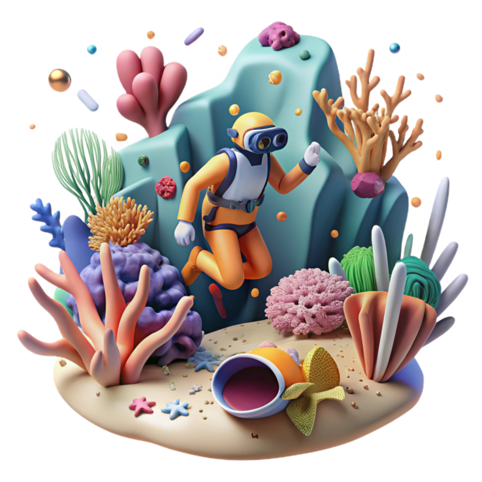 magnificent vintage Coral Reef and Diver Isolated Element Underwater Scene png