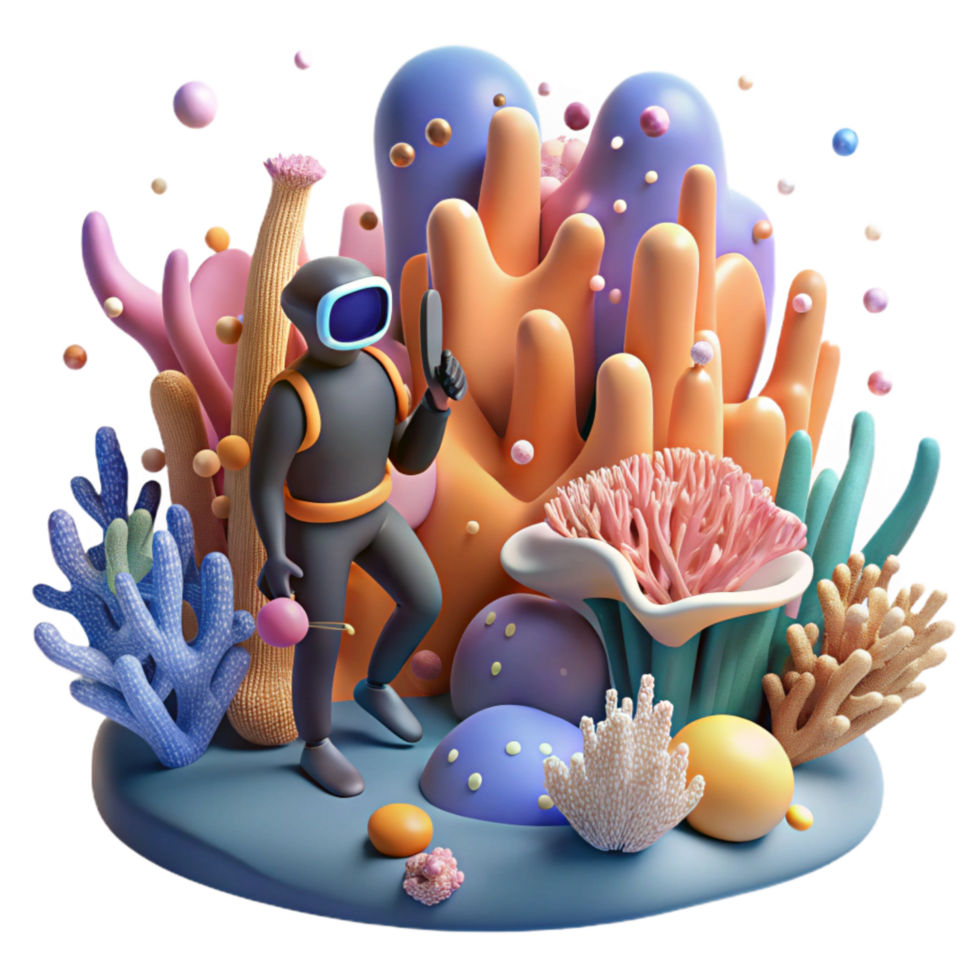 elegant rustic Coral Reef and Diver Isolated Element Underwater Scene detailed png
