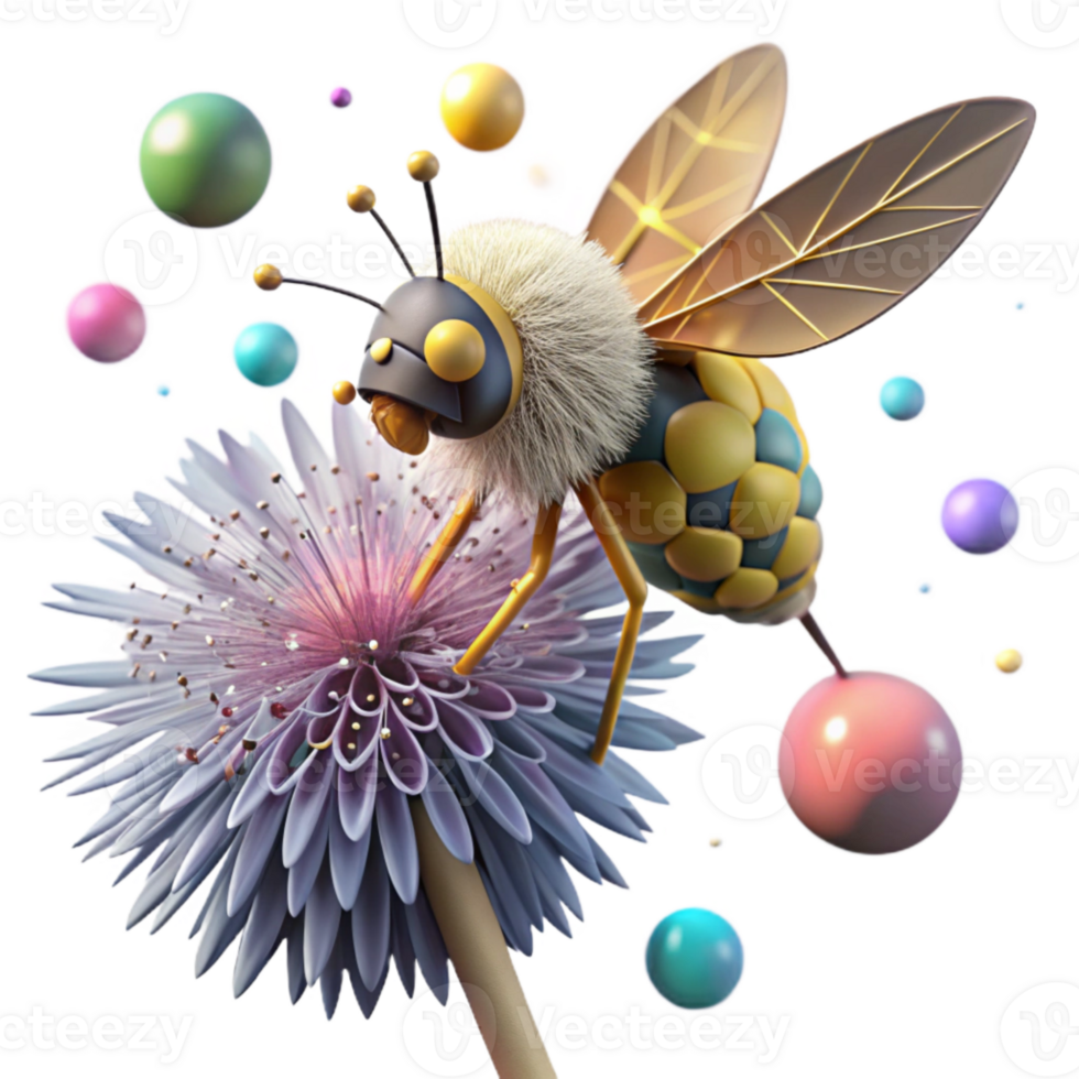 stunning artistic Bee on Dandelion Flower Side Angle Transparent Background premium png