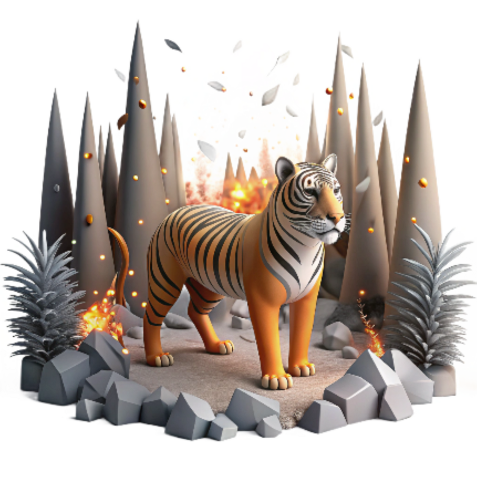 extraordinary abstract Endangered Tiger Prowling Burnt Forest Isolated professional png