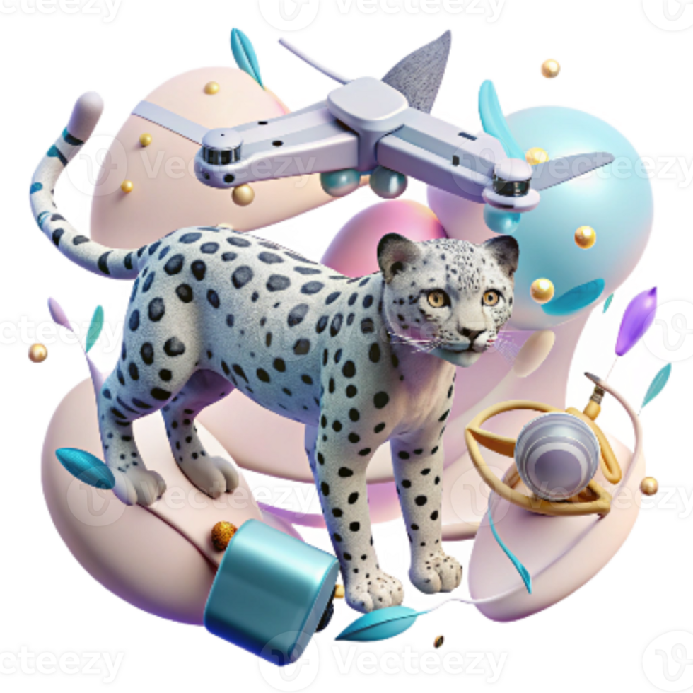 vibrant minimalist Drone Capturing Snow Leopard Cub Isolated detailed png