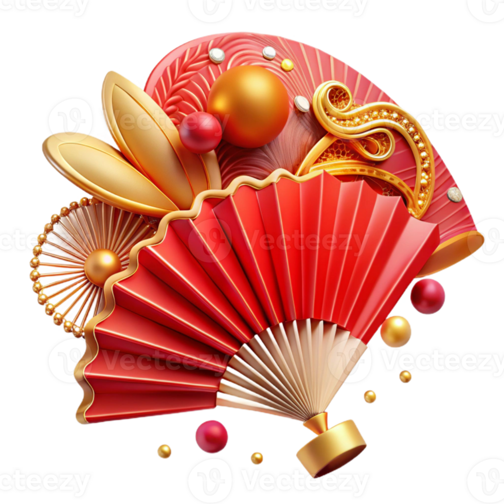 beautiful abstract Chinese New Year Fan Red and Gold Cutout high quality png