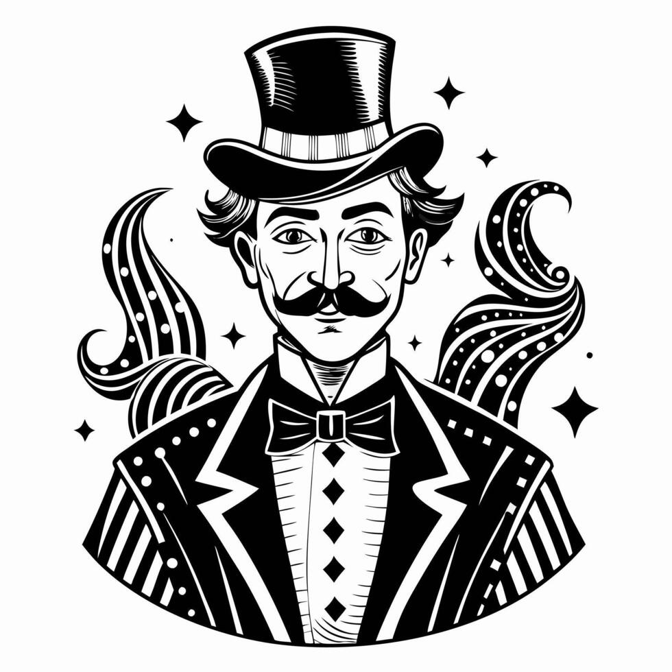 Vintage Magician Portrait with Top Hat and Curled Mustache Black and White Illustration vector