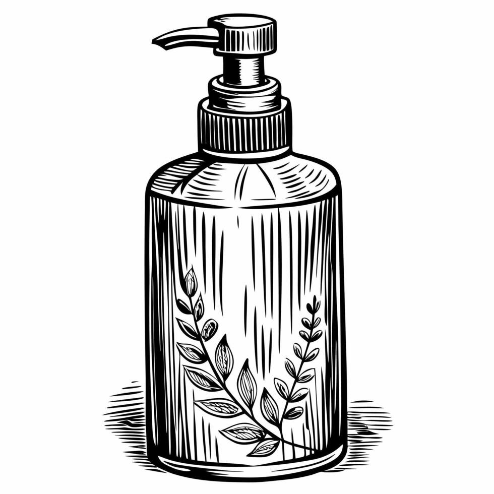 Elegant Black and White Botanical Soap Dispenser Illustration for Natural Skincare Products vector