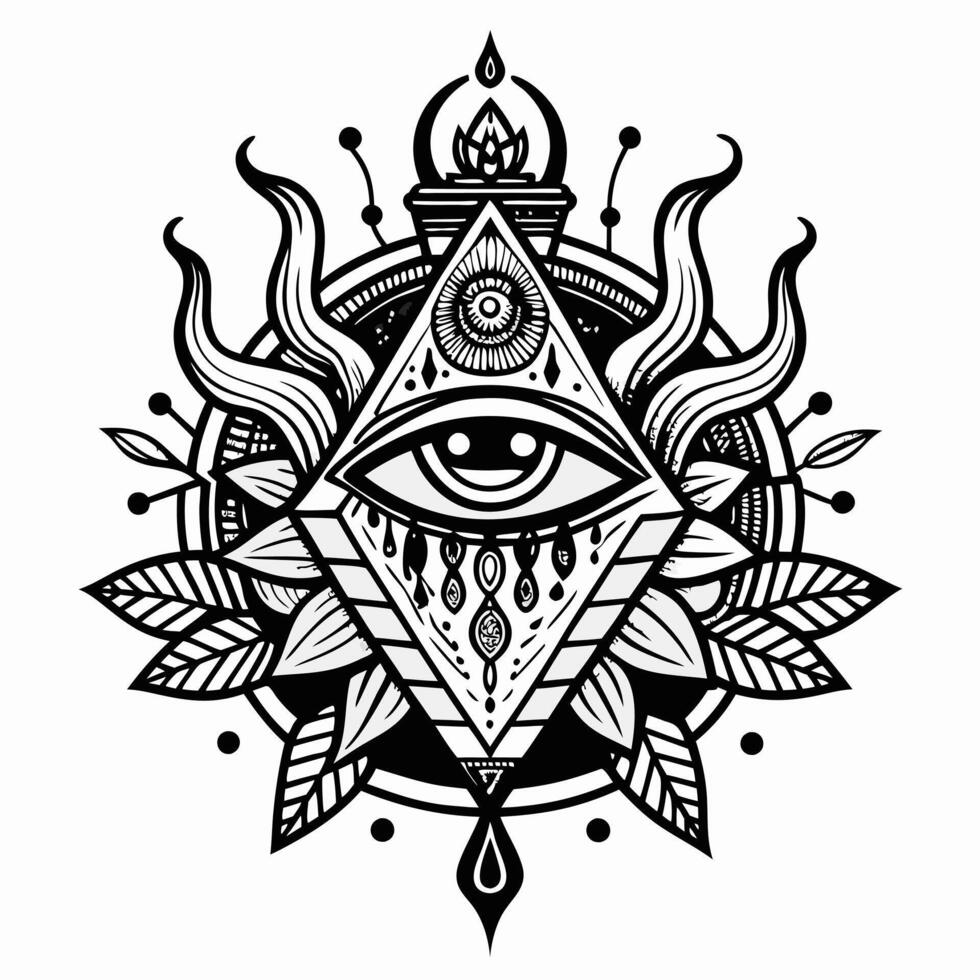 Mystical Eye Mandala with Geometric and Botanical Elements in Black and White vector