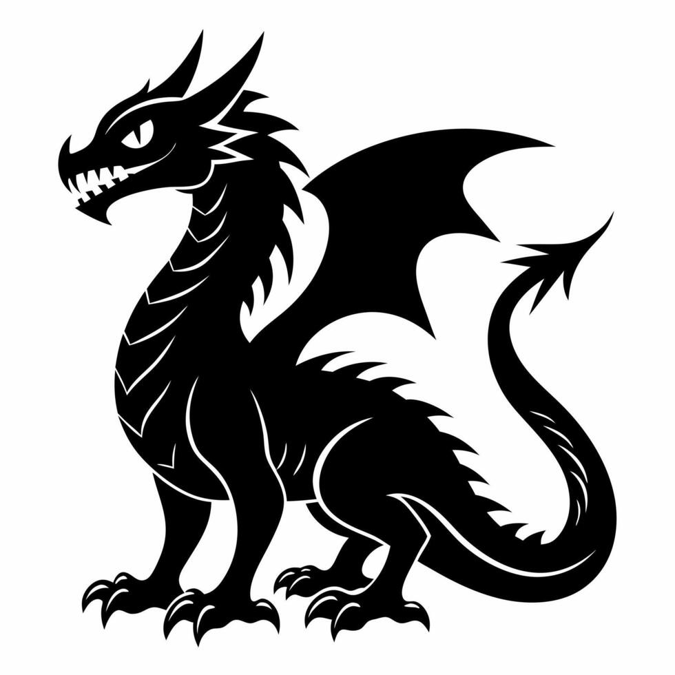Black Silhouette of a Fierce Dragon with Sharp Features and Ornate Wings vector