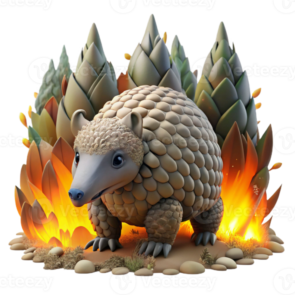 extraordinary contemporary Front View Frightened Pangolin in Burning Forest Cutout high resolution png