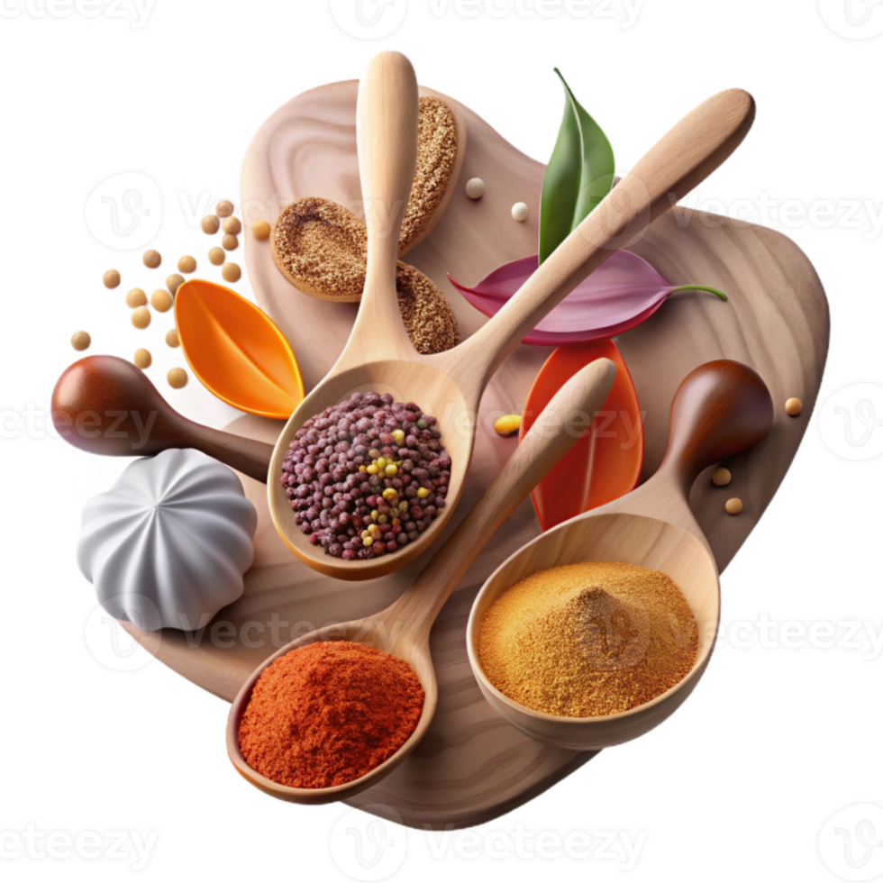 vibrant creative Assortment of Spices in Spoons Transparent Background high resolution png