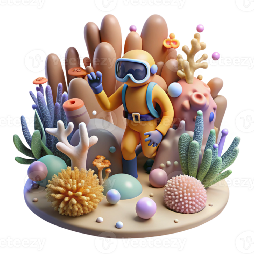 dramatic modern Coral Reef Transparent Background with Diver in Distance premium png