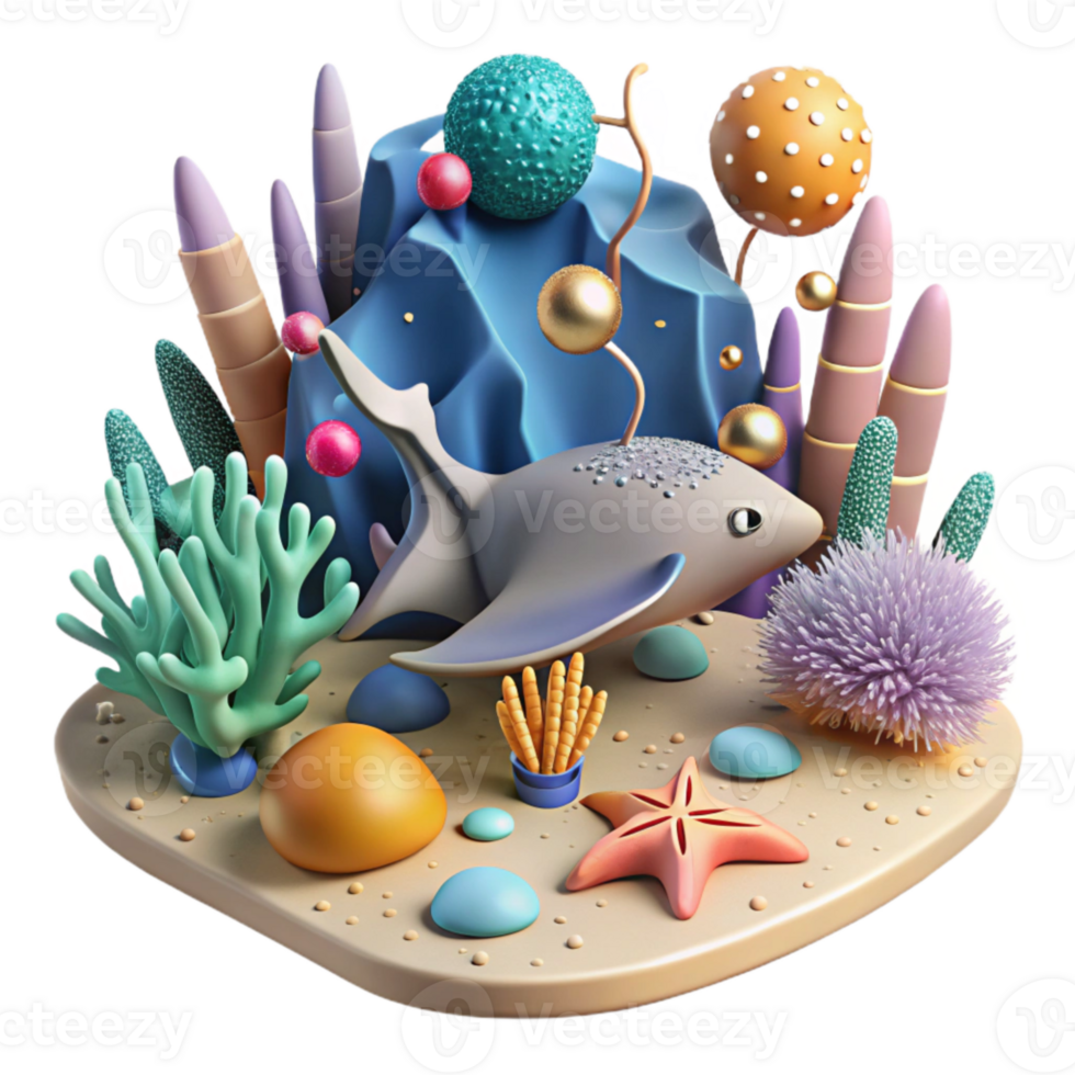 magnificent rustic Coral Reef and Stingray Isolated Element Underwater Scene professional png