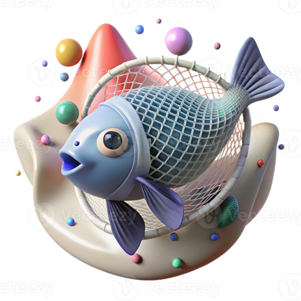 wonderful minimalist Fish Trapped in Plastic Net Cutout Isolated on Transparent Background Close Up high quality png