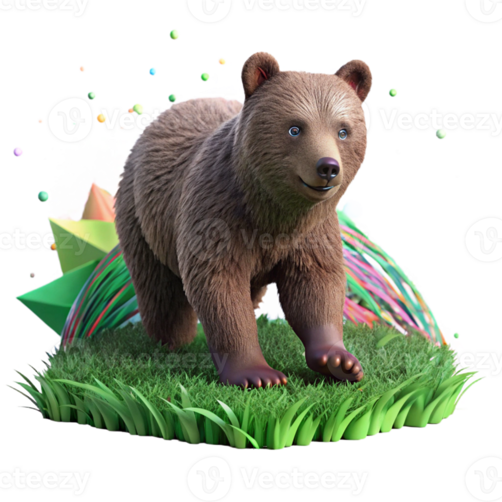 elegant contemporary Bear Cub Walking Green Grass Transparent Background png