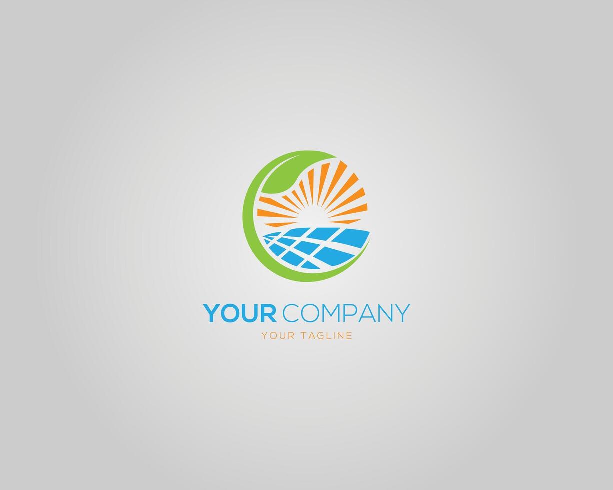 Solar Energy with Sun, Leaf, and Solar Panels Logo Design Creative Modern Template. vector