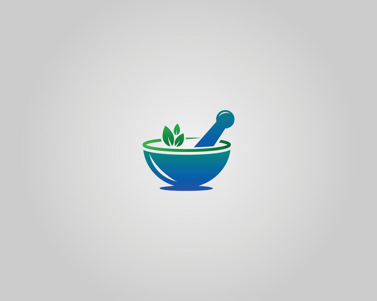Pharmacy Mortar and Pestle with Herbs Logo Design Icon Minimal Template. vector