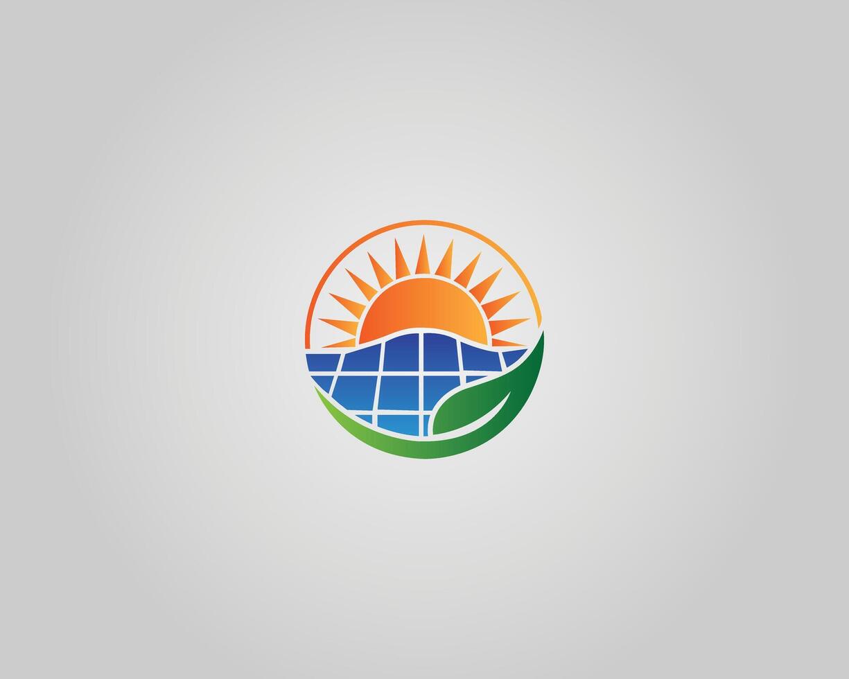 Solar panel with sun and leaf logo design template. vector