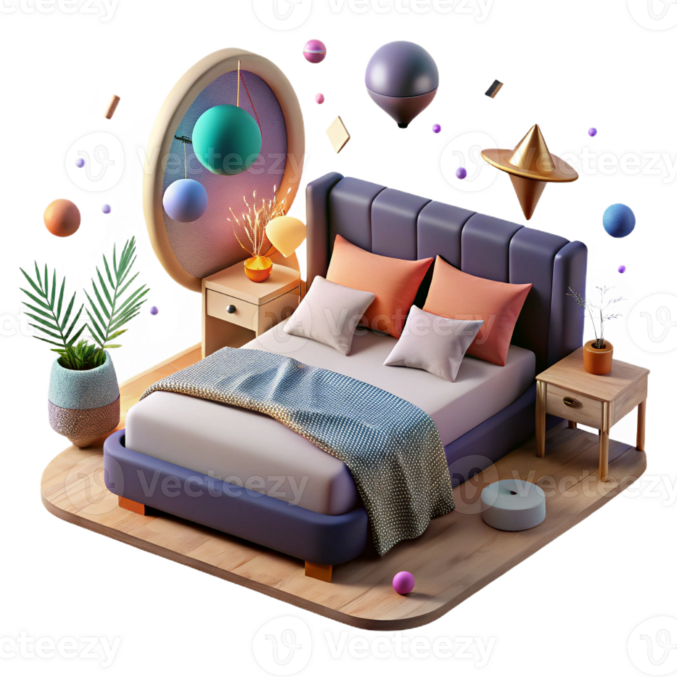 impressive contemporary Bedroom with Bed and Nightstands Isolated exclusive png