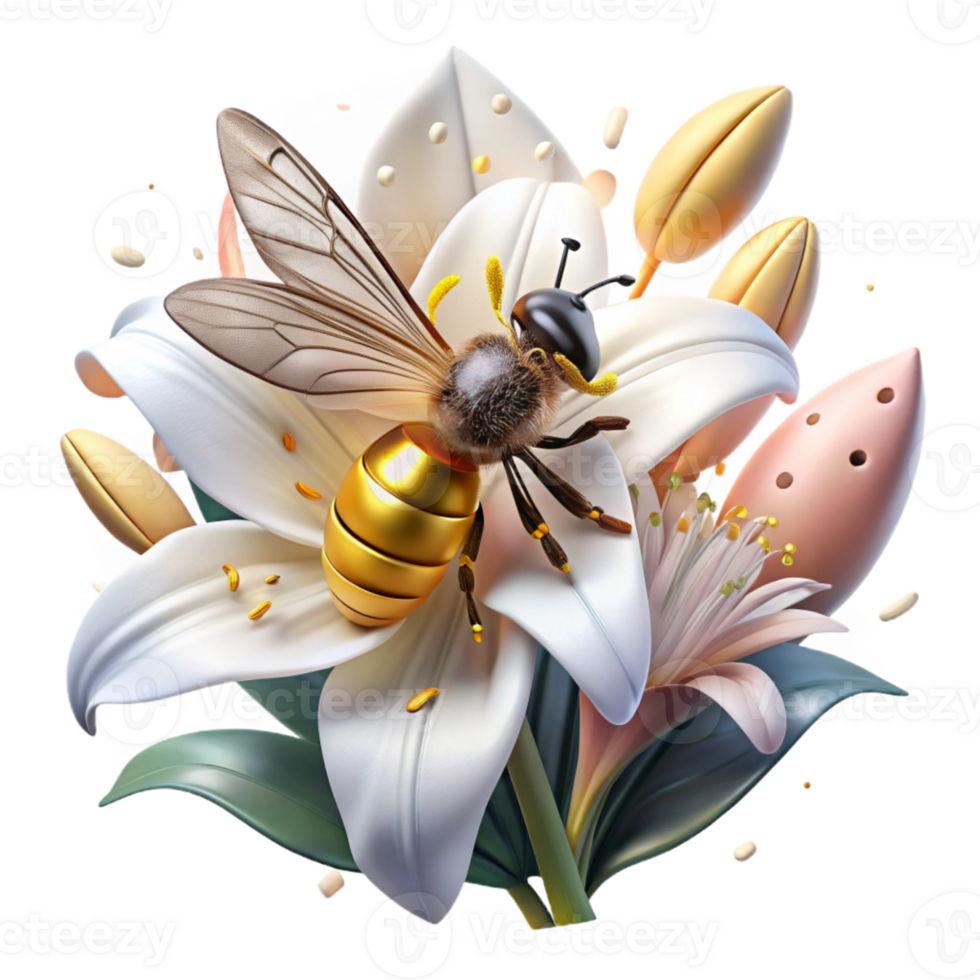 magnificent classic Bee on White Lily Close Up Transparent Background high quality png
